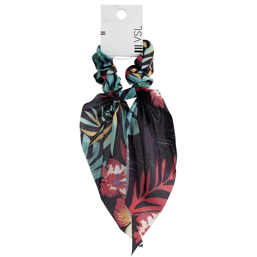 Chouchou foulard  noir motif tropical vert et rouge