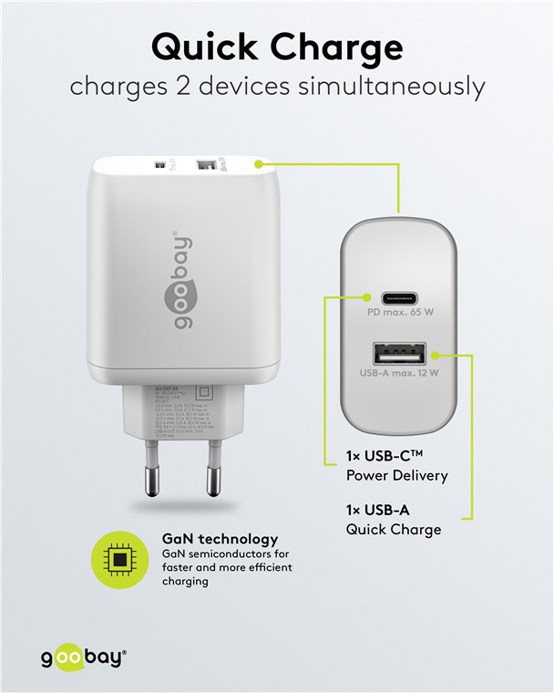 (65W/3A) USB A / USB C GaN Ladegerät Netzteil Power Delivery (65410) - Weiss