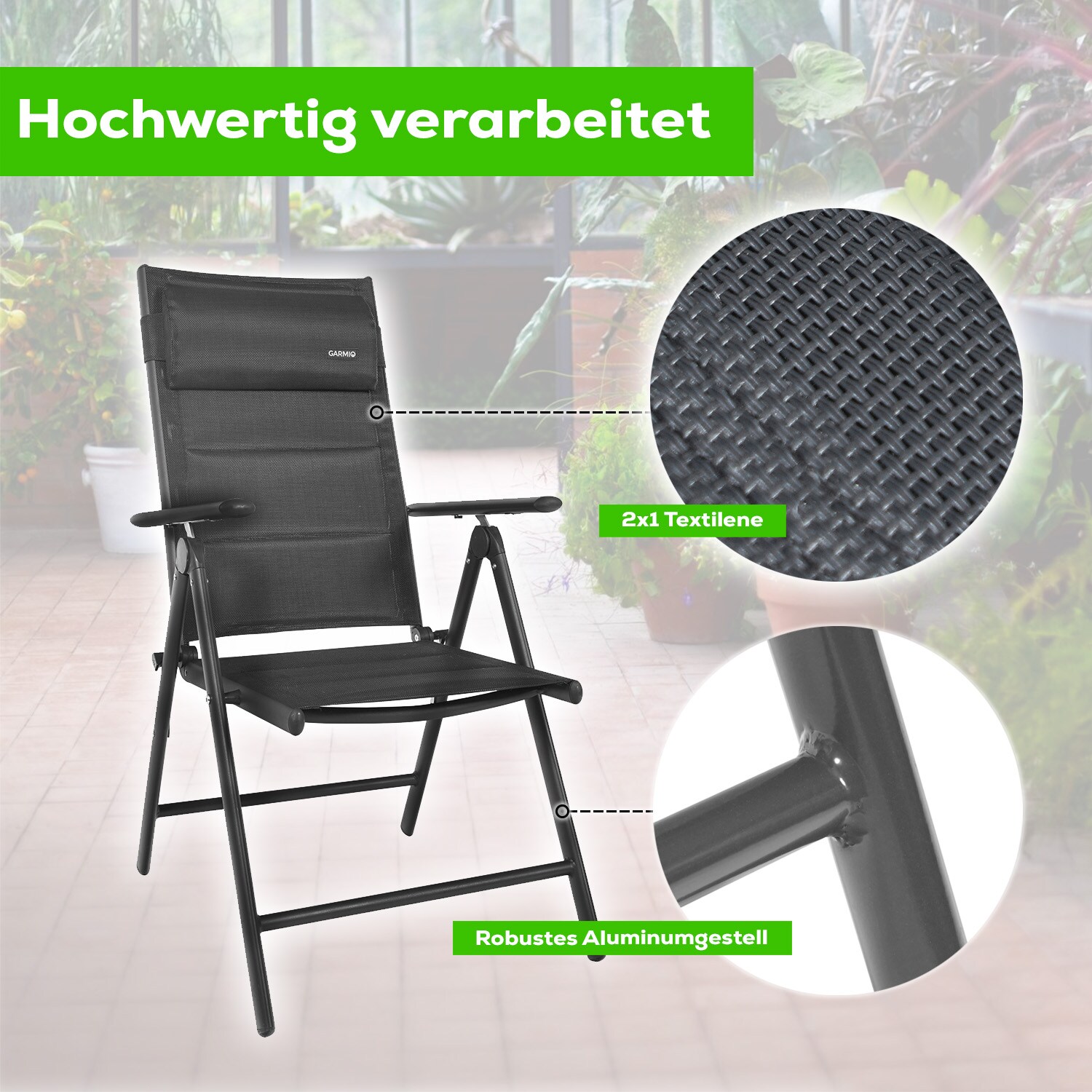 GARMIO® Gartenstuhl Balkonstuhl FLORENZ schwarz, 7-fach verstellbar, klappbar, inkl. Nackenkissen, für Terrasse