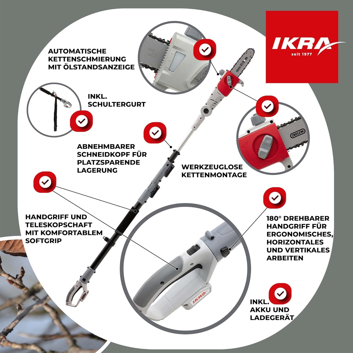 IKRA Akku Teleskop Entaster ICPS 2020, Schwertlänge 20cm, Arbeitshöhe 4m, inkl. 2. Kette & Schultergurt