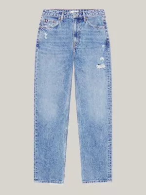 Calça jeans clássica de cintura alta, reta e com efeito desgastado.