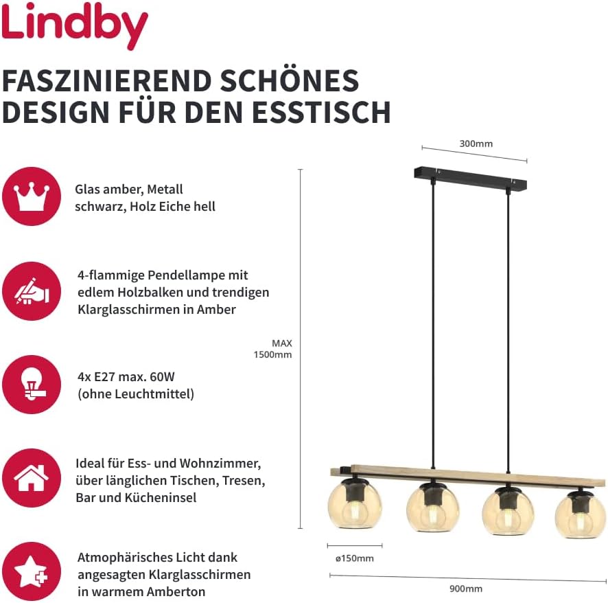 Lindby Pendelleuchte Enrique (Modern) aus Glas (4 flammig, E27) - Hängelampe Esstischlampe Hängeleuchte Wohnzimmerleuchte