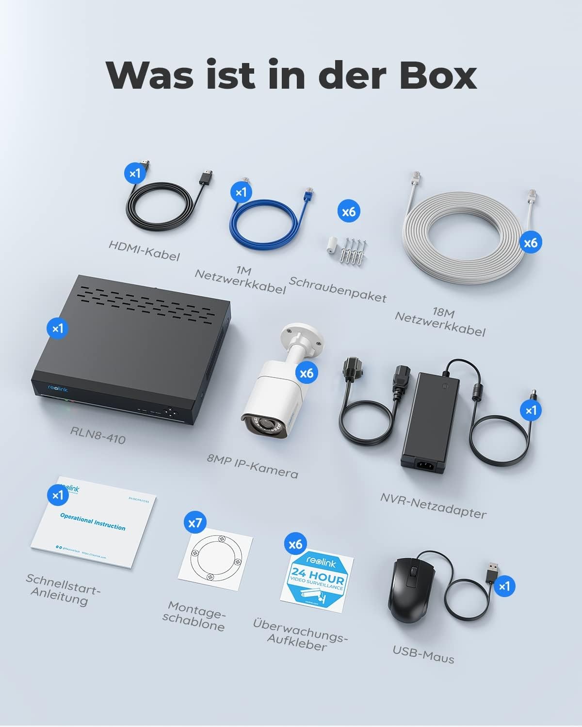 Reolink 4K Überwachungskamera Set Aussen, 6X 8MP PoE IP Outdoor Kamera mit Smarter Personenerkennung und Fahrzeugerkennung, 8CH 2TB HDD NVR für 24/7 Videoüberwachung, 30M IR Nachtsicht, RLK8-800B6