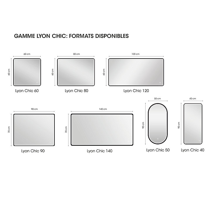 Miroir de salle de bains lumineux LED noir 70 x 90 cm, MPGlass Lyon Chic