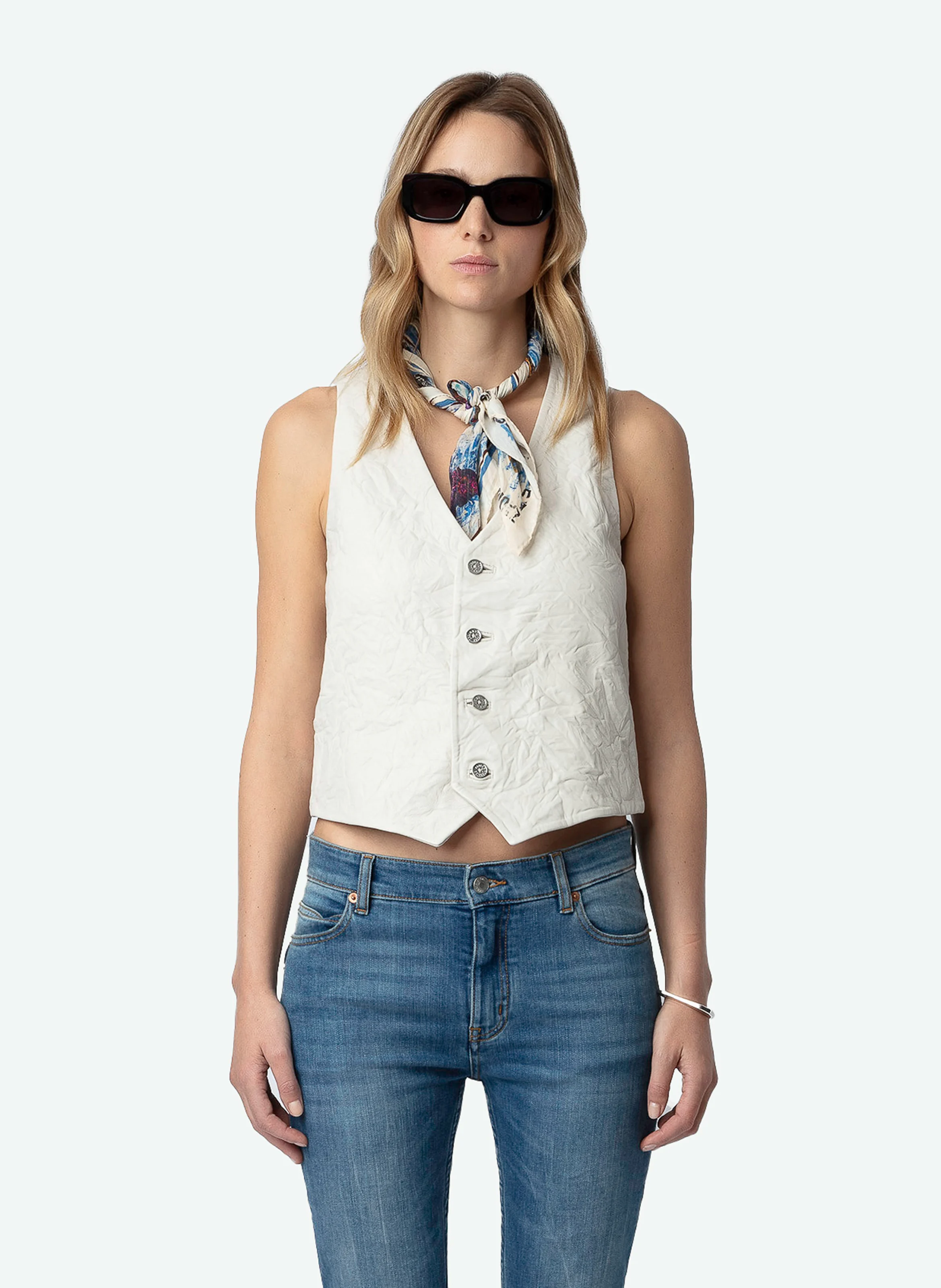 EMILIE - Gilet veston sans manches en cuir froissé | Blanc