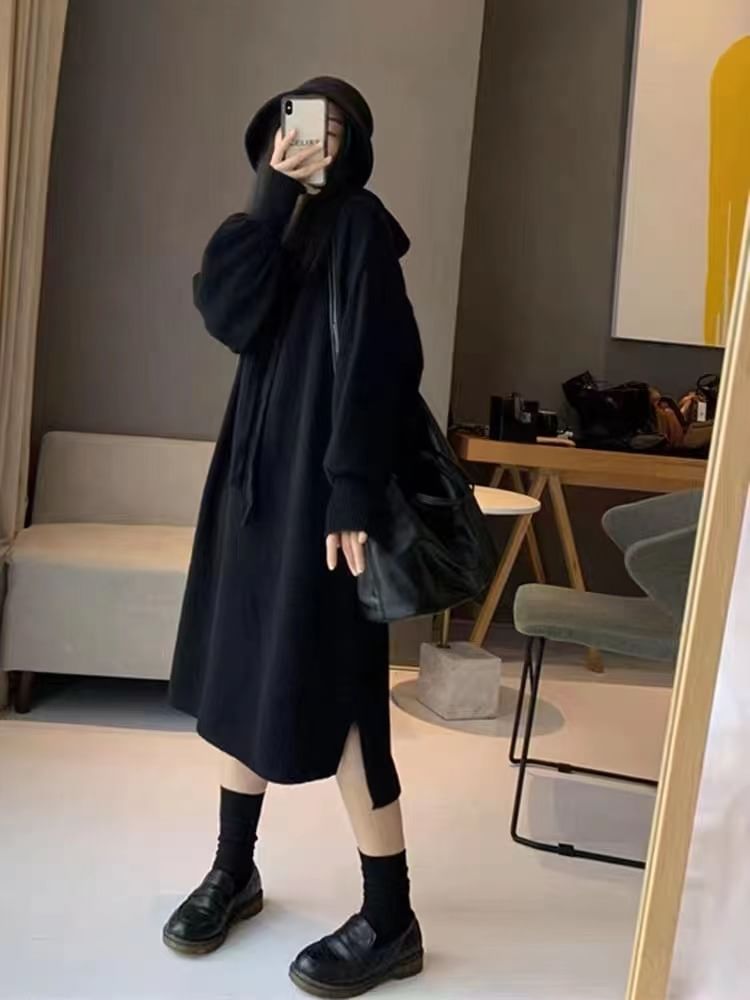 aistera - Lange mouwen effen gebreide midi hoodiejurk