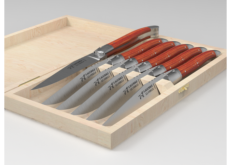 Service de 6 couteaux Laguiole avec un manche en bois de rose et mitres en acier inoxydable
