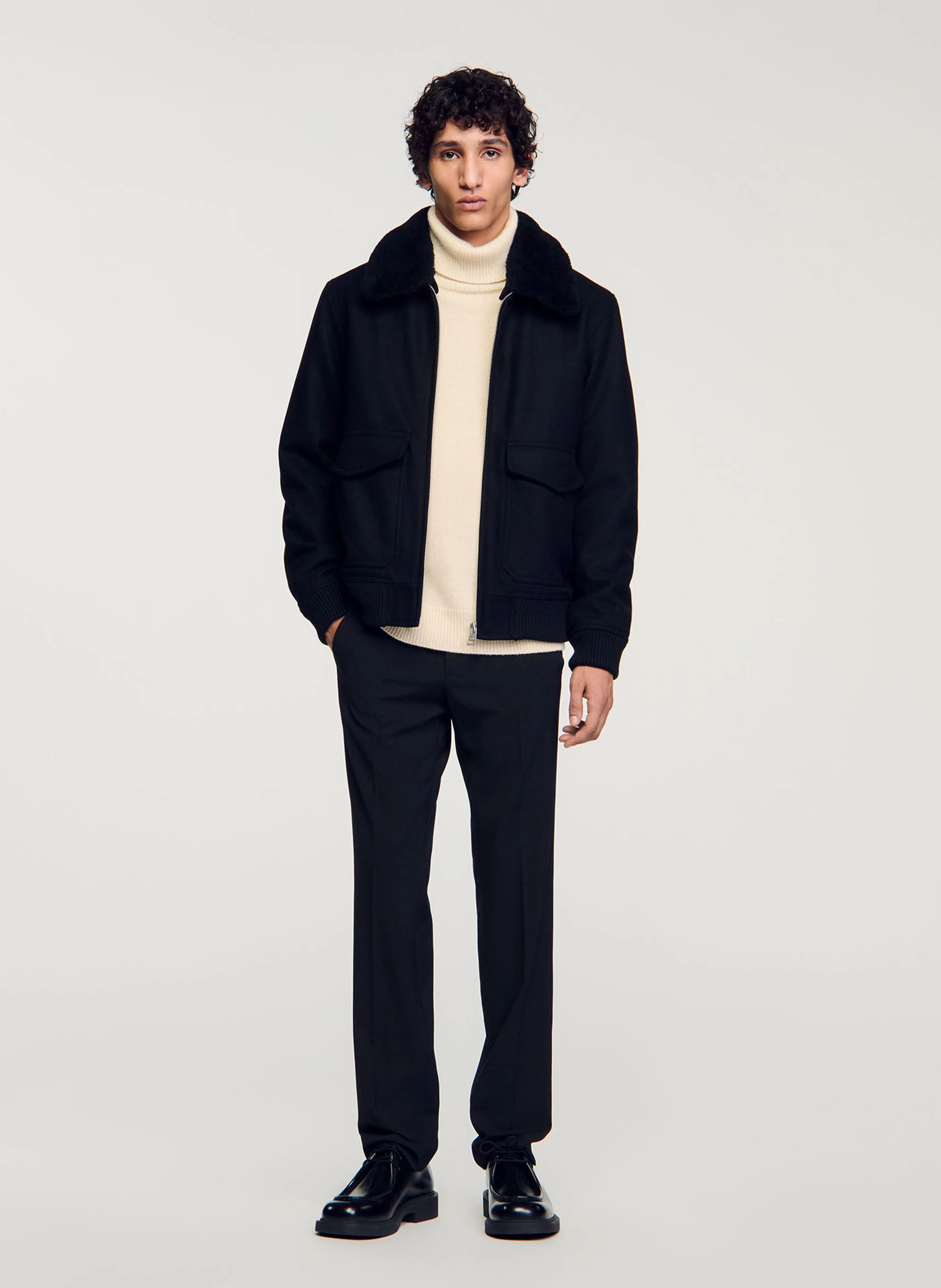 Blouson zippé en laine mélangée | Noir