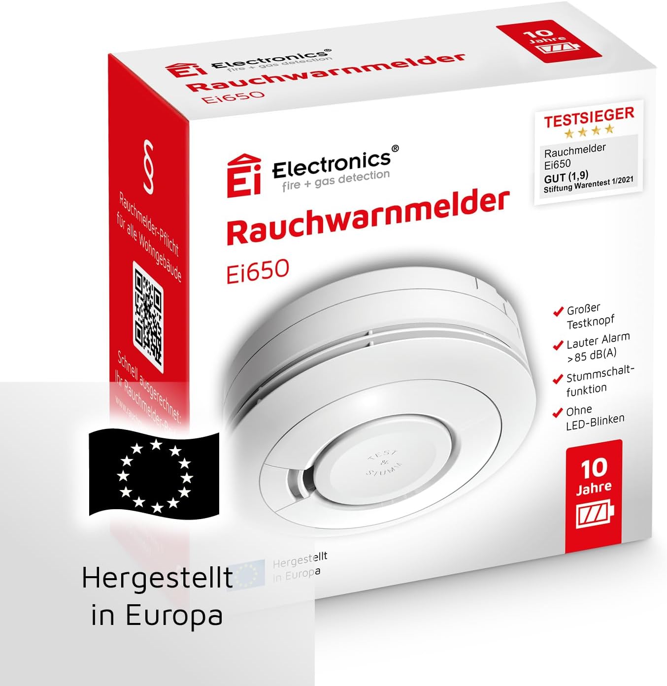Ei Electronics Ei650 Rauchwarnmelder, Rauchmelder im 5er Set, Stand-Alone-Gerät mit Batterie für 10 Jahre, Testsieger Stiftung Warentest, weiß
