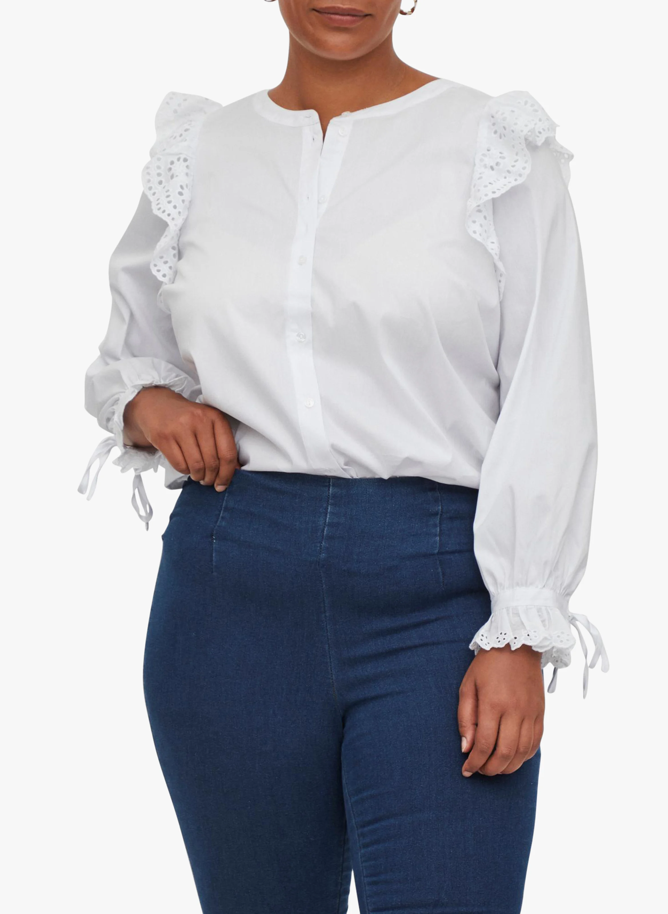 Chemise col rond à dentelle en coton méléngé | Blanc