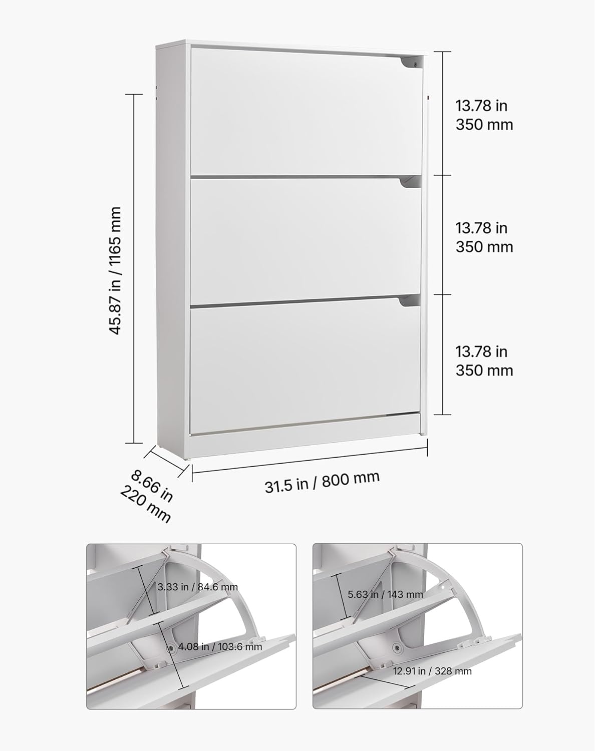 VEVOR Schuhschrank mit 3 Klappen, platzsparender Schuhkipper, freistehender Schuhregal-Organizer für den Eingang Flur Wohnzimmer Veranda, modernes Schuhregal 800 x 220 x 1165 mm Weiß