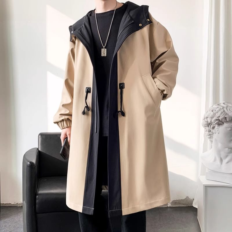 emeisa - Mock Two-Piece Two Tone Hooded Midi Zip Coat