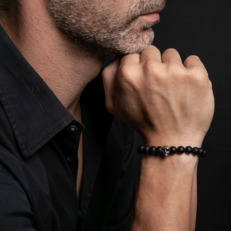Bracelet Boules Noir Onyx Pierres Naturelles Tête De Mort-Medium-18cm