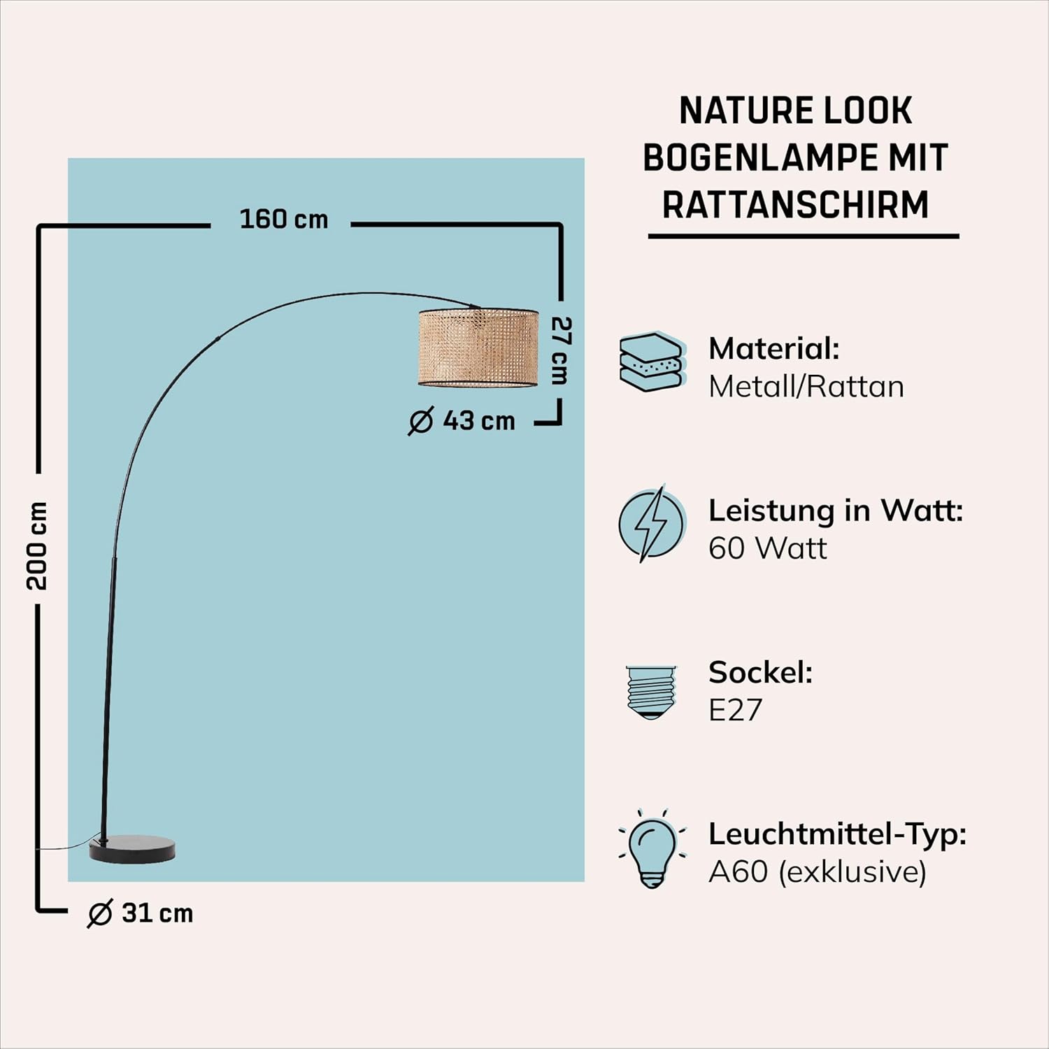 Lightbox Bogenstehlampe im Nature Stil | Boho Standleuchte mit Rattan Schirm & Teleskoparm & schwenkbarem Kopf | ideal für Wohnzimmer | 2 m Höhe | E27 Fassung | aus Metall/Rattan in Hellbraun/Schwarz