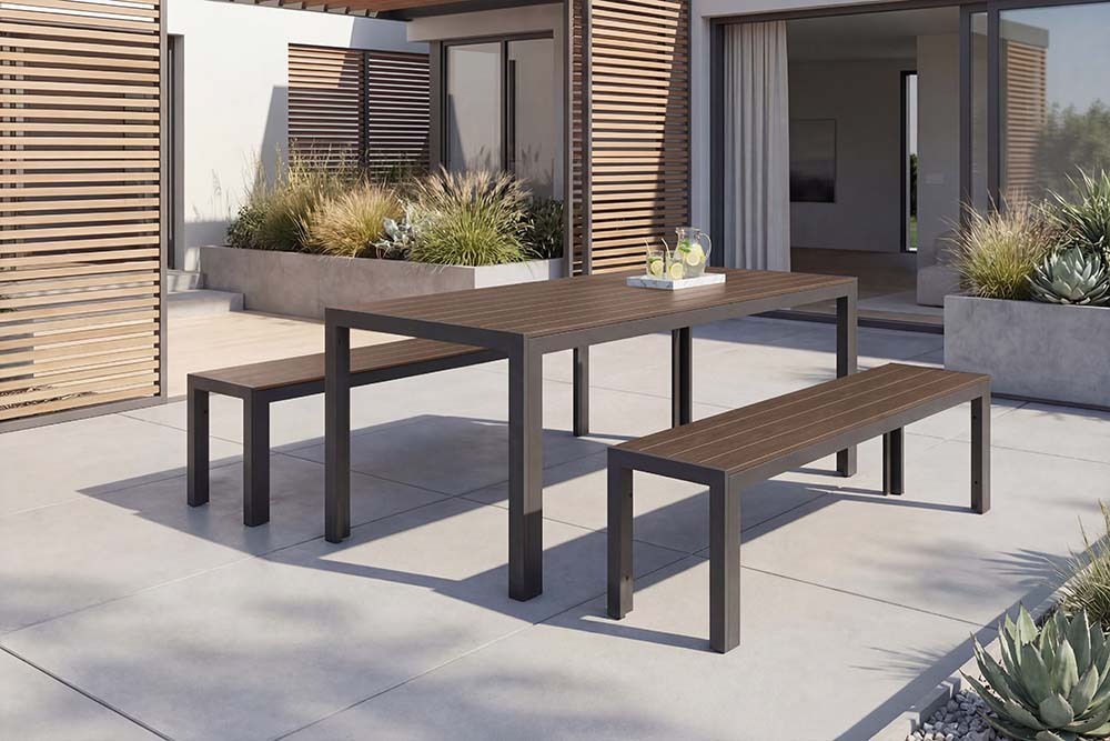 Moderne Gartenbank DESIGNO 180cm dunkelbraun schwarz Aluminium wetterfest Outdoor Sitzbank