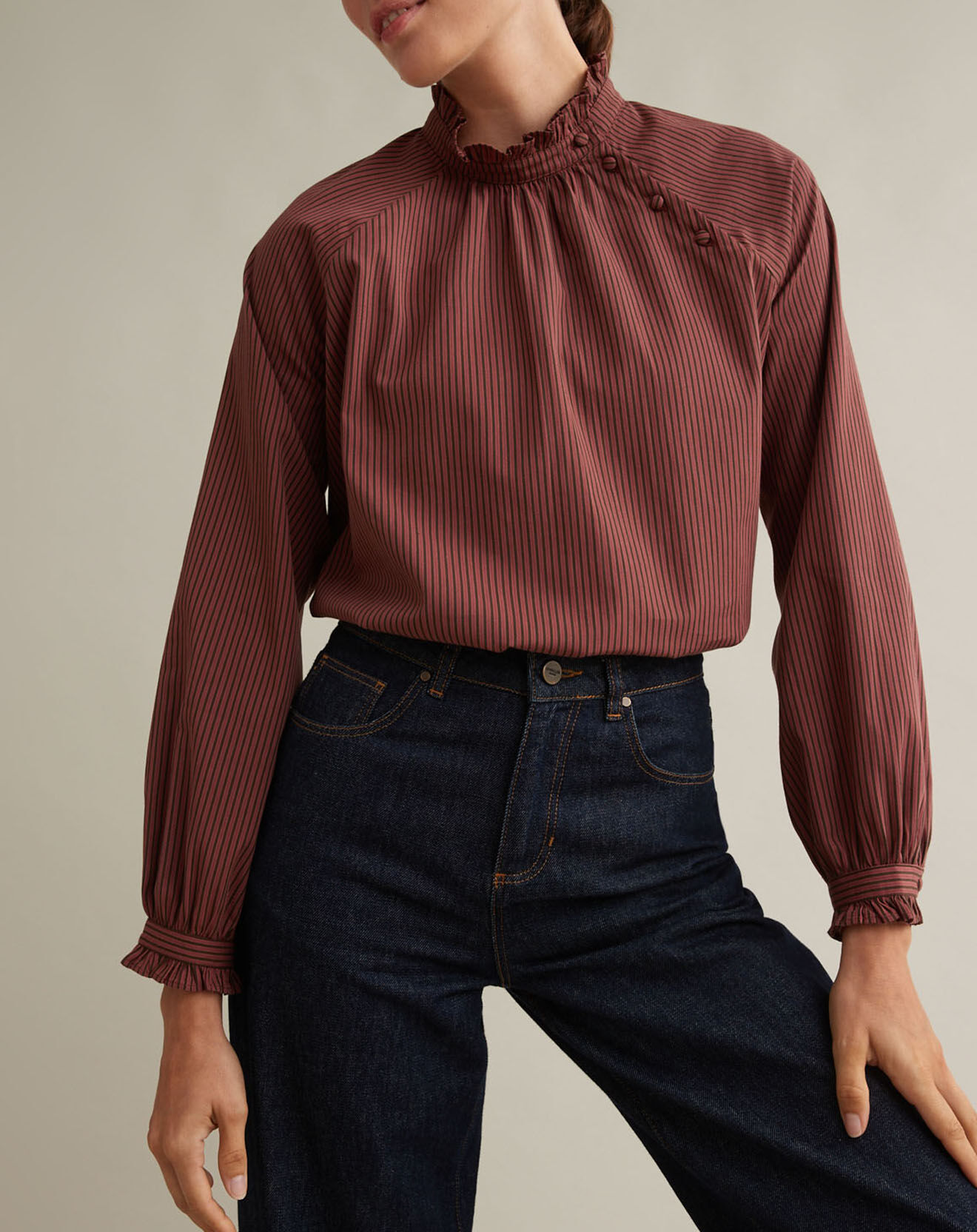 Cyrillus Blouse rayée col volanté rouge foncé