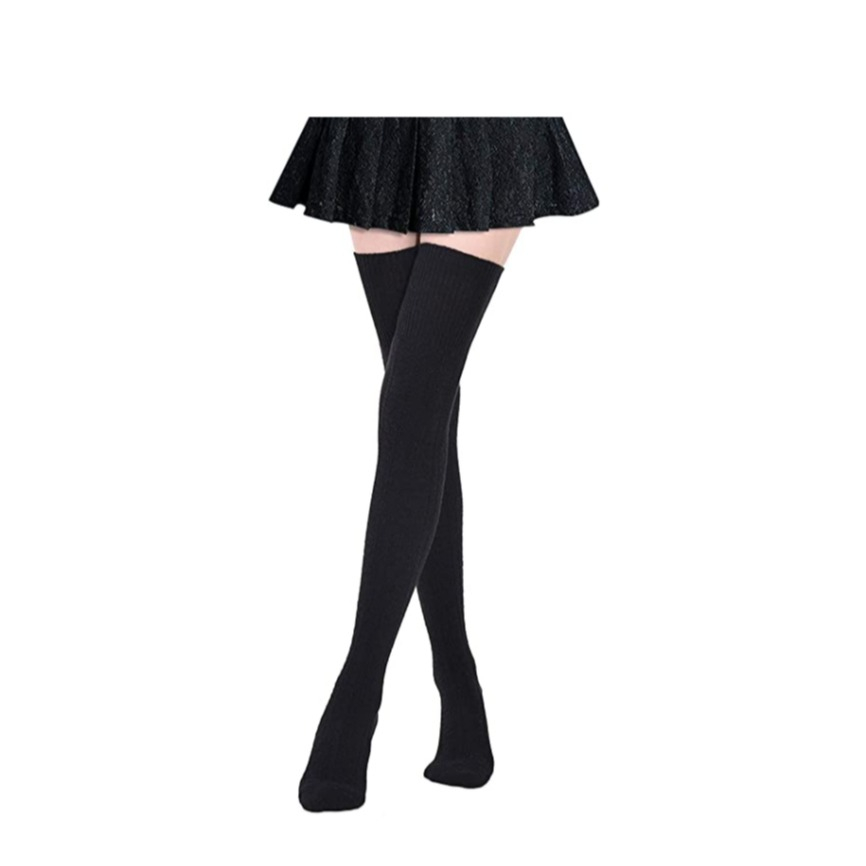 (1 Paar) Strick Knie Socken Damen Over Knee Strümpfe (One Size) - Schwarz / Grau