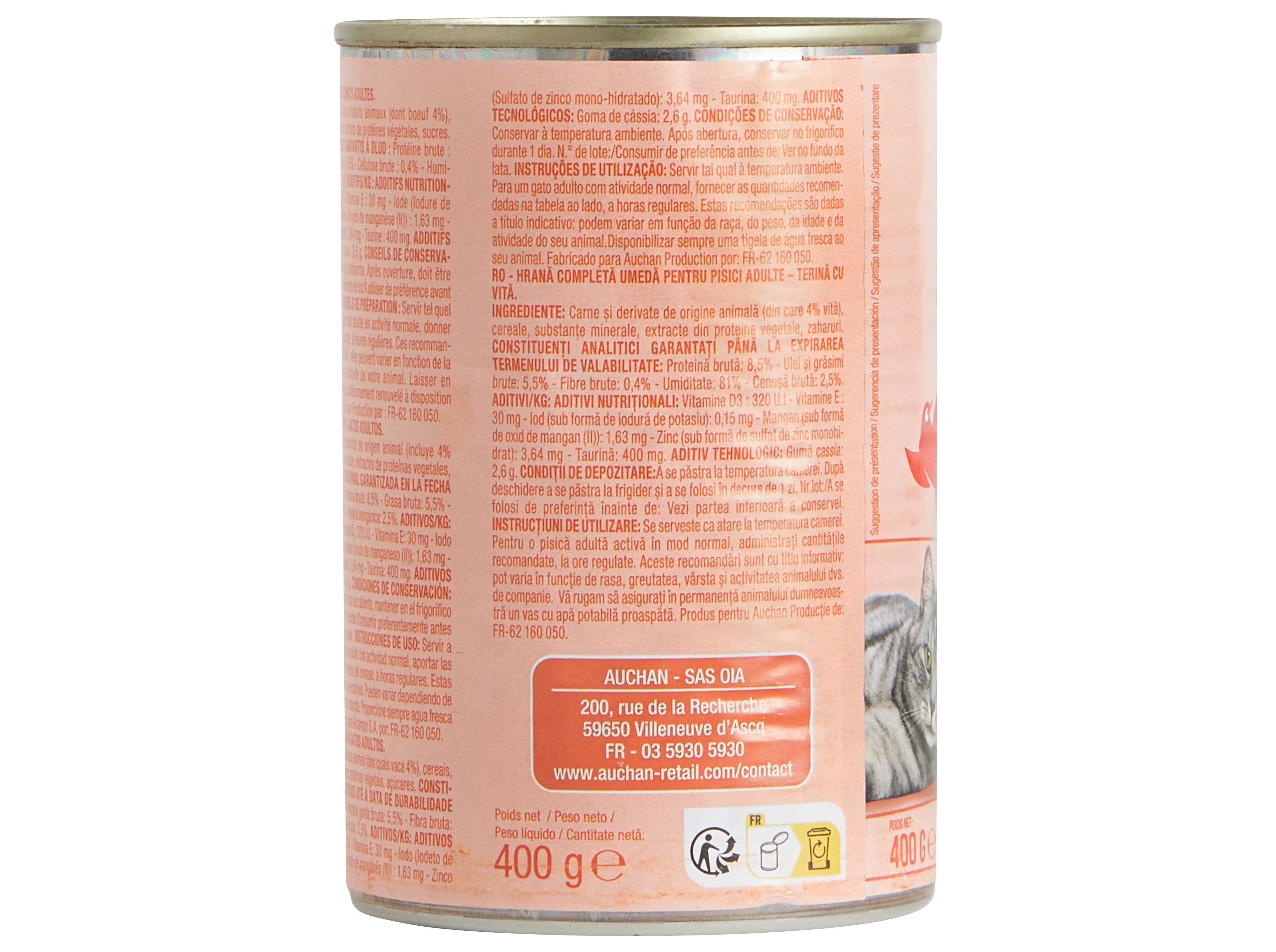 COMIDA HÚMIDA PARA GATO AUCHAN TERRINA COM VACA 400G