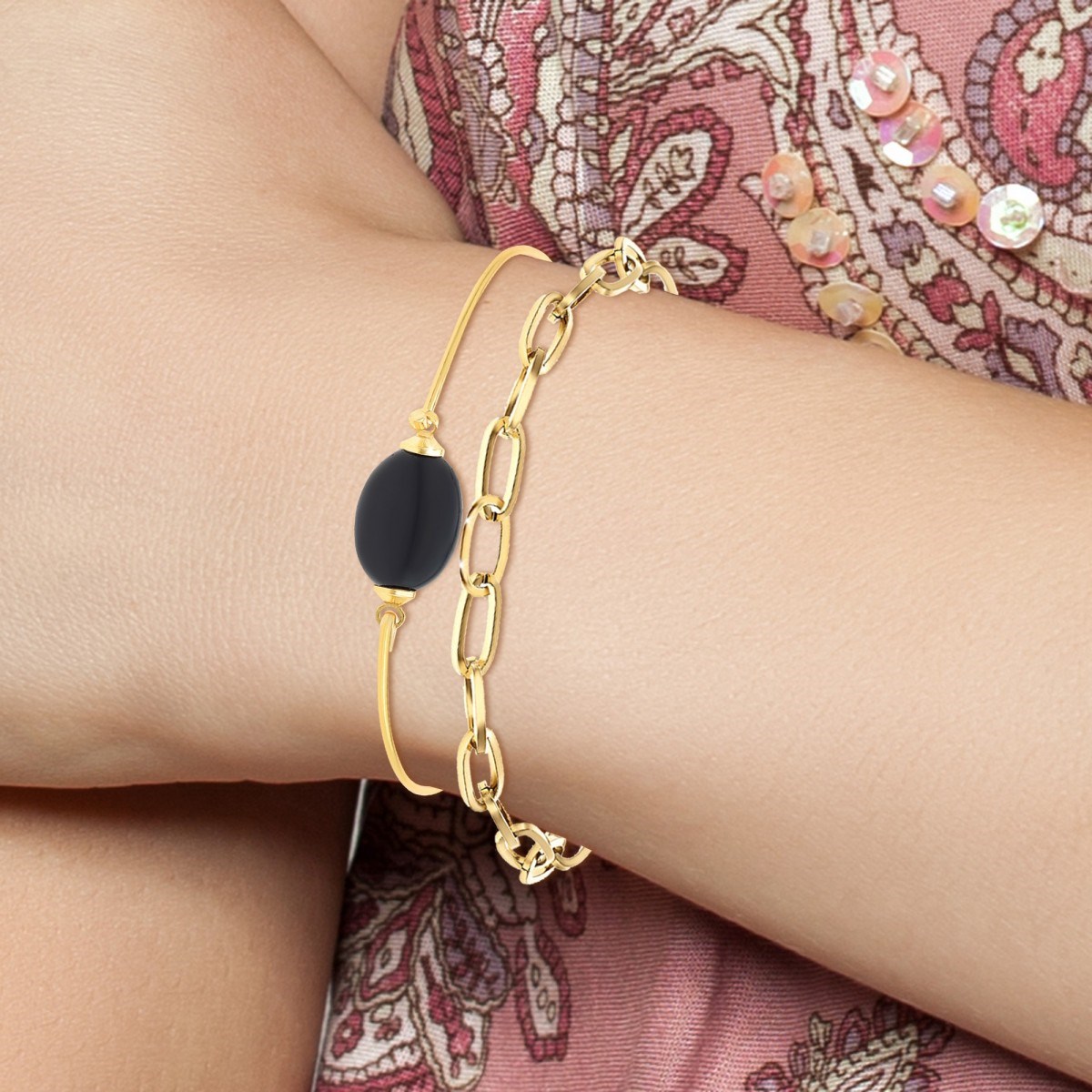 Lot de 2 bracelets SC Bohème en Laiton Finement doré orné d'une obsidienne