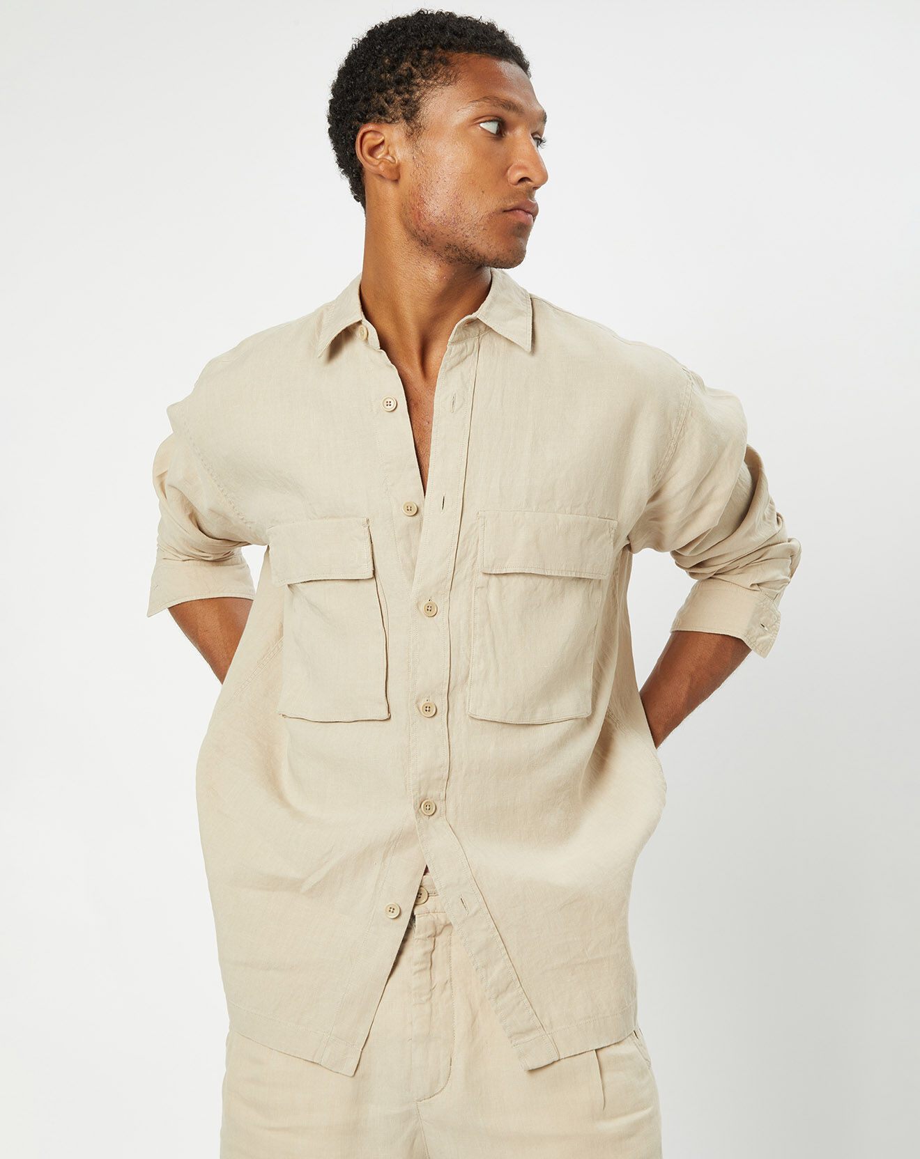 Marc O'Polo Surchemise 100% Lin manches longues Oversize West beige