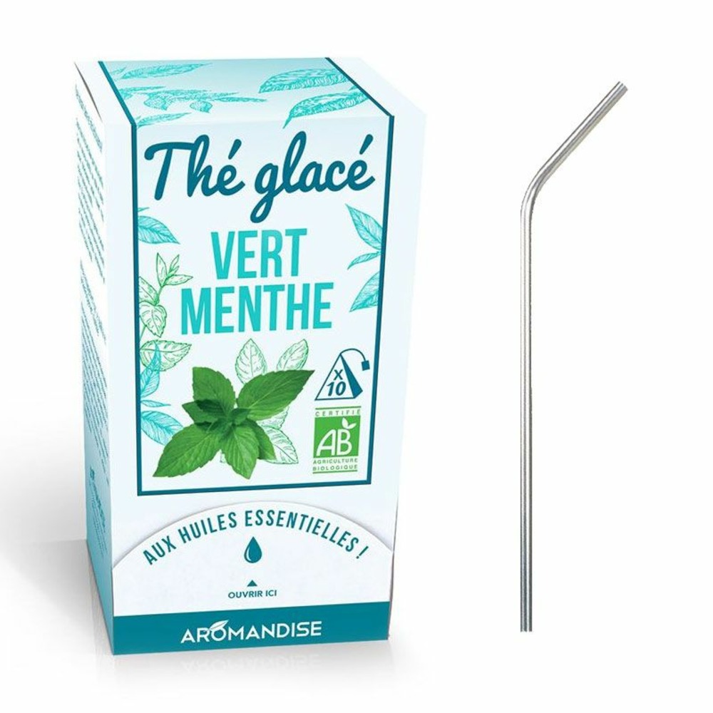Thé vert glacé à la menthe bio + 4 pailles en inox
