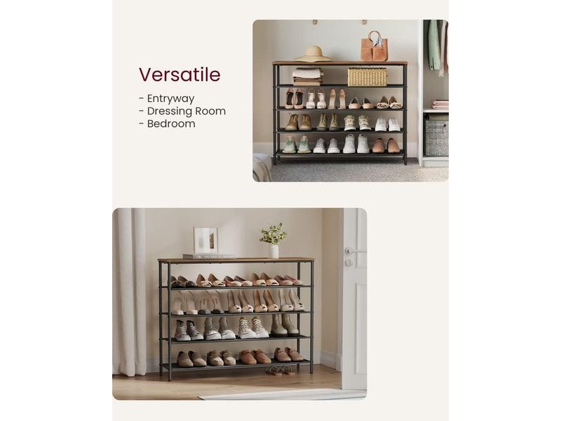 VASAGLE Schuhgestell 29 x 120 cm, Braun/Schwarz Schuhregal mit 4 Ablagen aus Polyestergewebe