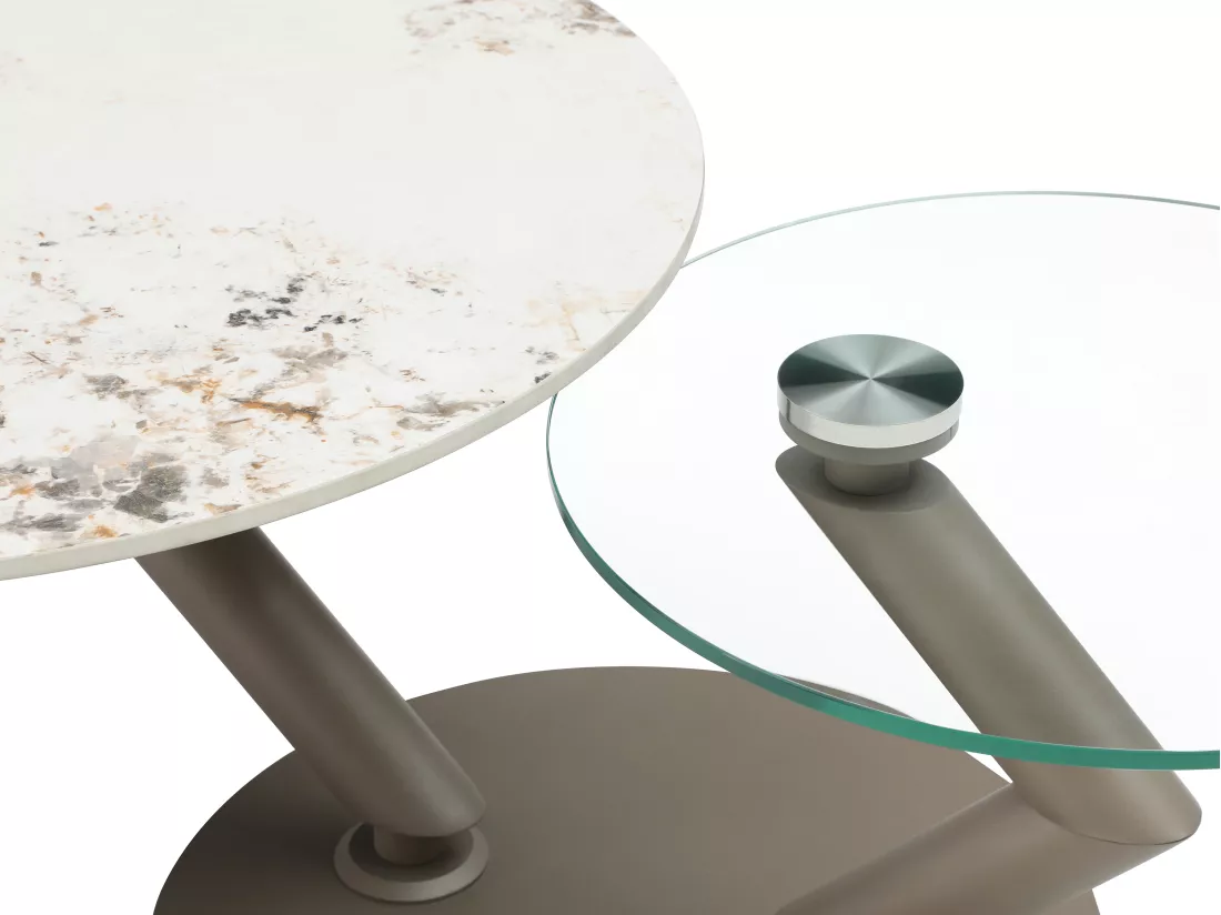 Table basse avec plateaux pivotants en céramique, verre trempé et métal taupe - Effet marbre blanc et gris - ELDOVA