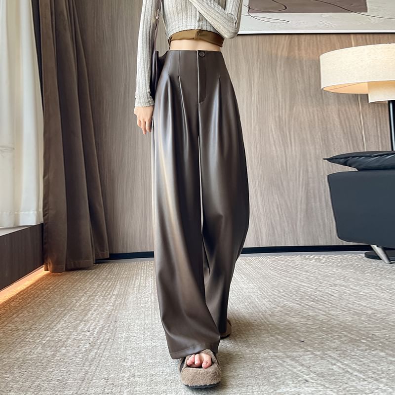 Happo - High Rise Faux Leather Plain Wide Leg Broek
