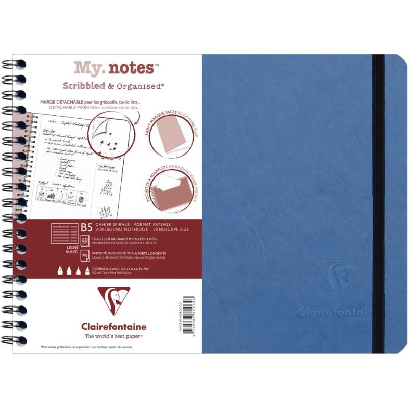 My.Notes Age Bag cahier reliure intégrale à marges détachables B5 paysage 120 pages détachables ligné + cadre en-tête - Bleu