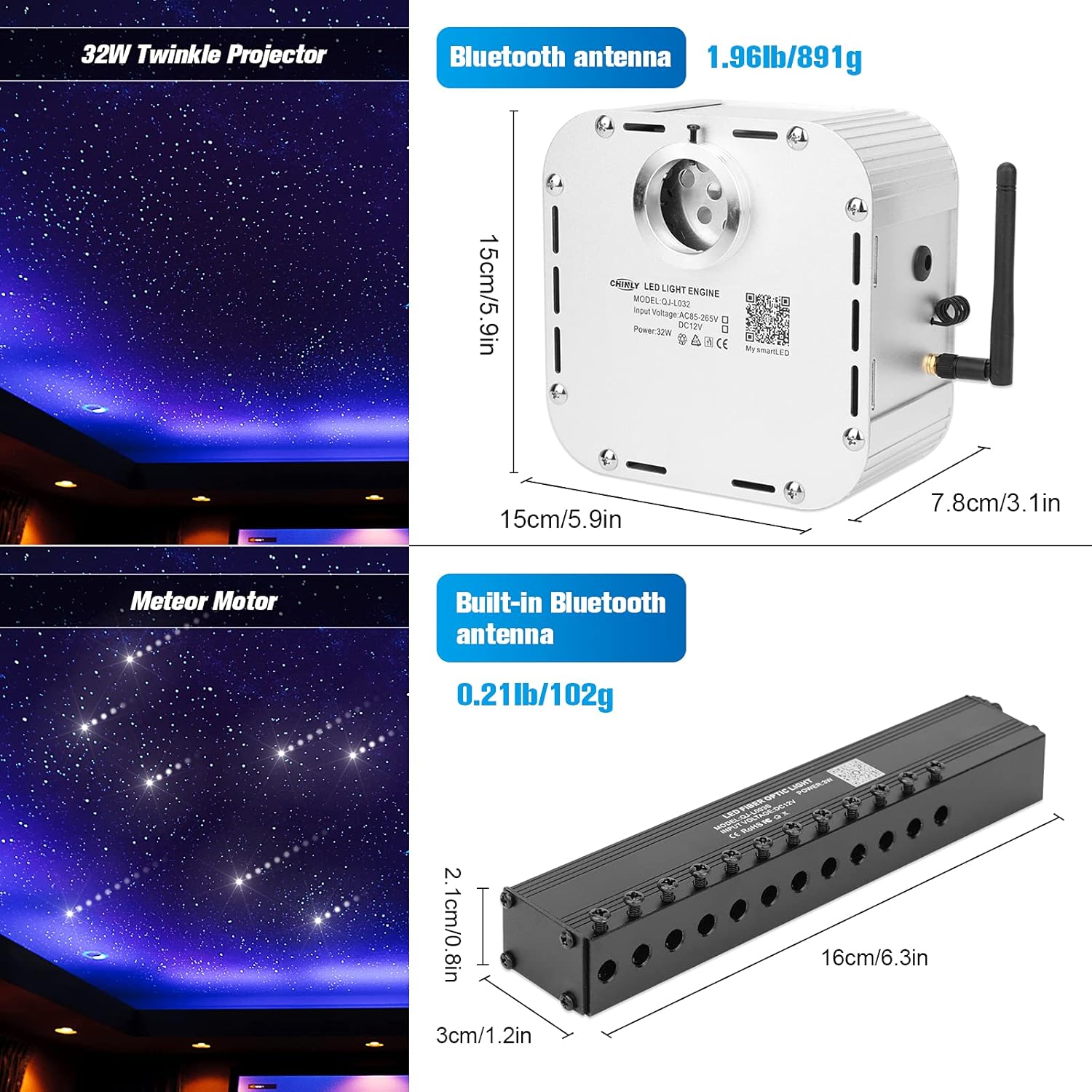 CHINLY Bluetooth Meteor 32W Funkeln RGBW APP LED Glasfaser Star Star Deckenleuchten Kit APP Gemischt 1008 Stück * 5m + 10 Kristalle Glasfaser + für Zuhause/Auto