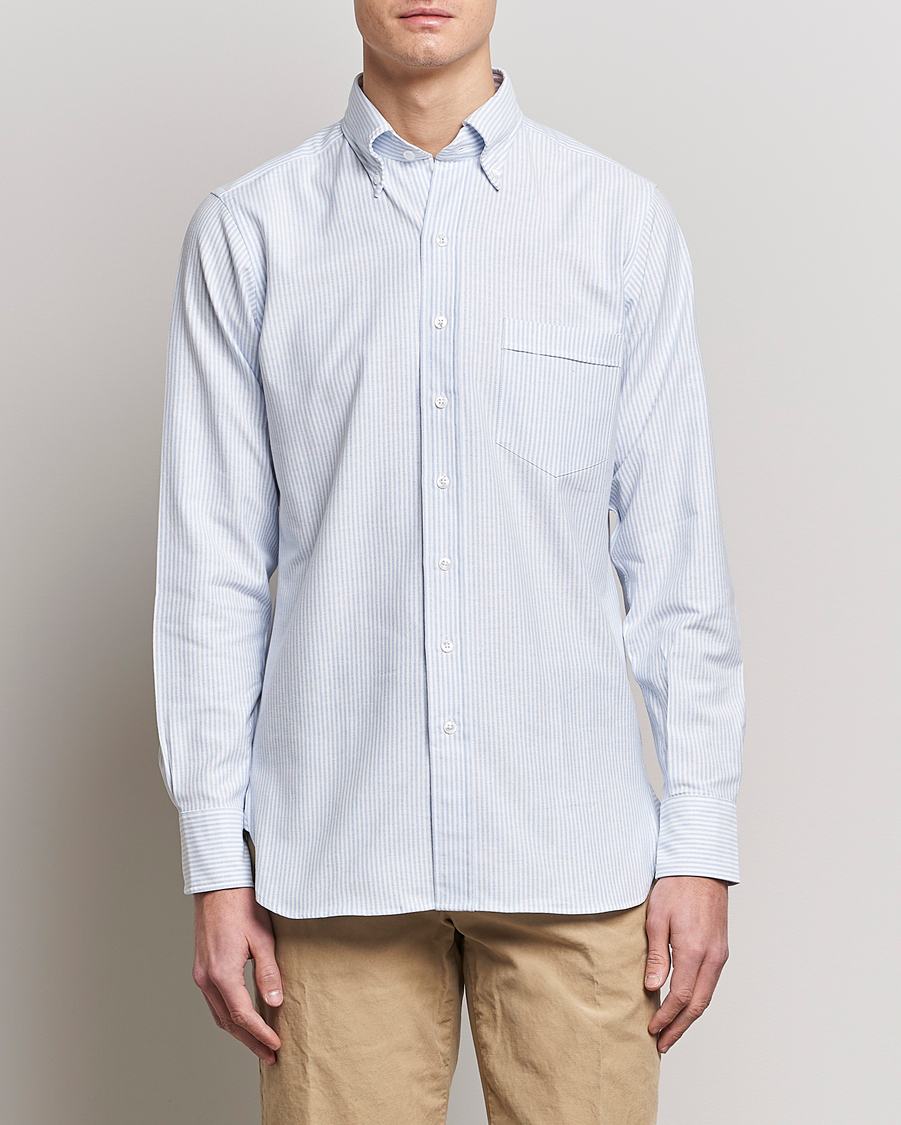 Drake's Striped Button Down Oxford Shirt Blue