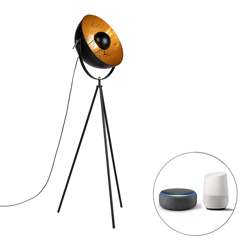 QAZQA - Design Smart Vloerlamp Tripod Zwart incl. WiFi A60 - Magna 40 Eglip I Woonkamer I Slaapkamer - Stalen Bol I Bolvormig I Rond - LED compatibel E27