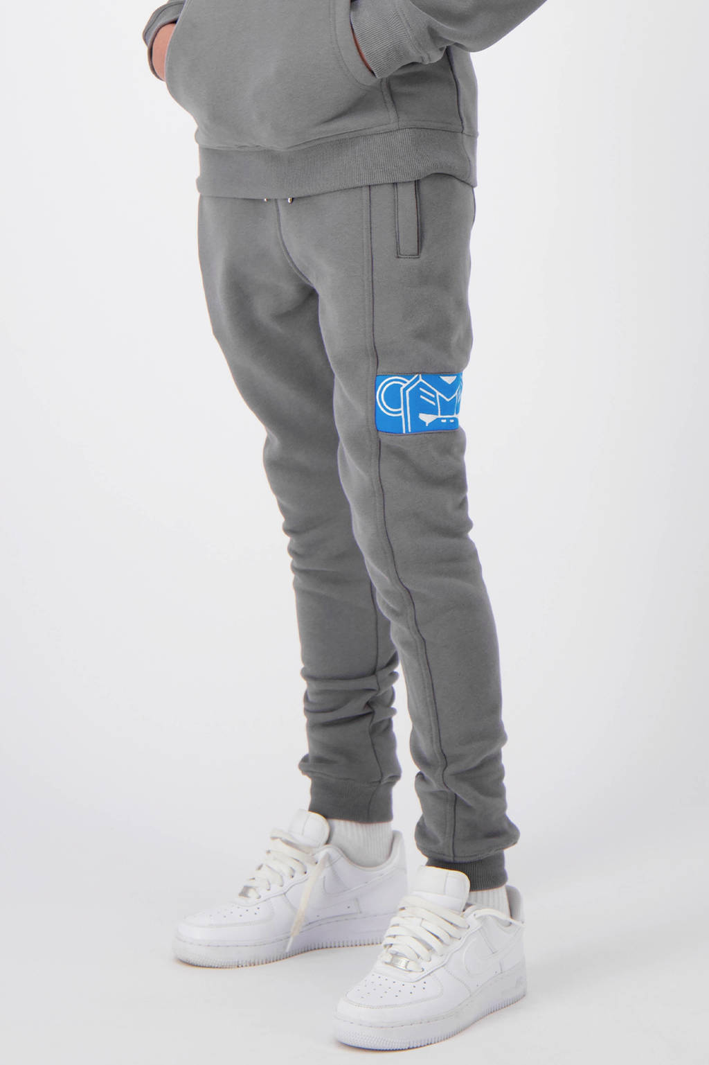 BLACK BANANAS regular fit broek JR. COMMANDER SWEATPANTS met zijstreep en borduursels grijs/blauw