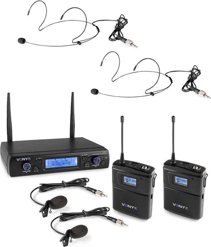 Draadloze microfoon - Vonyx WM62B draadloze headset microfoon met twee headsets - 16 kanaals - UHF - Headset / dasspeld