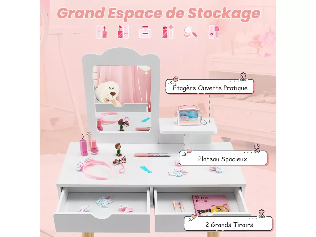 Coiffeuse 2 en 1 pour Enfants avec Tabouret Mignon, Table de Maquillage en Bois pour Enfants avec Miroir Rectangulaire et 2 Grands Tiroirs, Cadeau De Noël/Anniversaire Parfait, Blanc