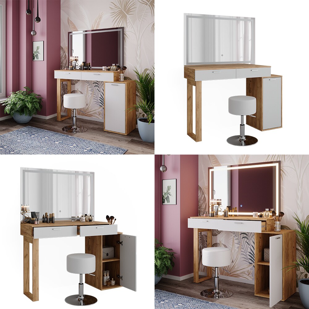 Vicco Schminktisch Regina Eiche Weiß 130 cm mit LED-Spiegel und Hocker