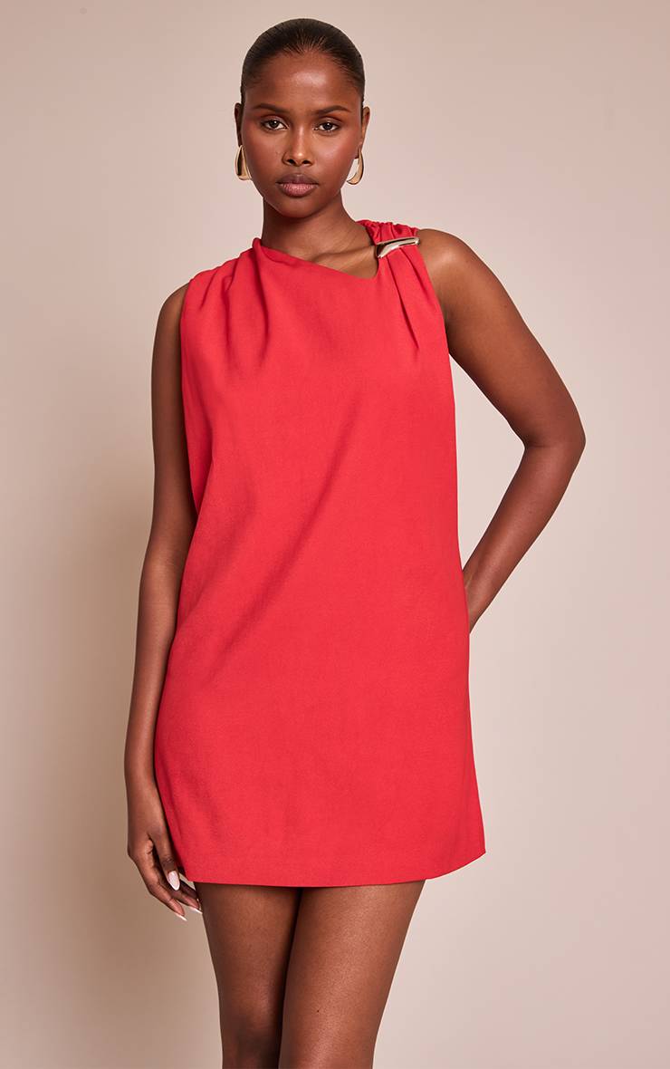 Rouge Robe Courte Tissée À Détail Asymétrique Orné