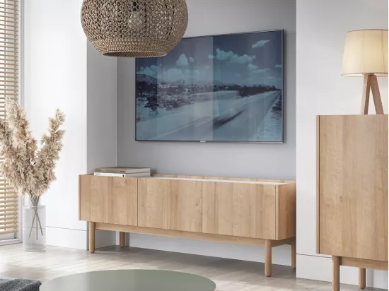 Meuble TV avec 3 portes - Naturel clair et effet marbre blanc - SITOLI