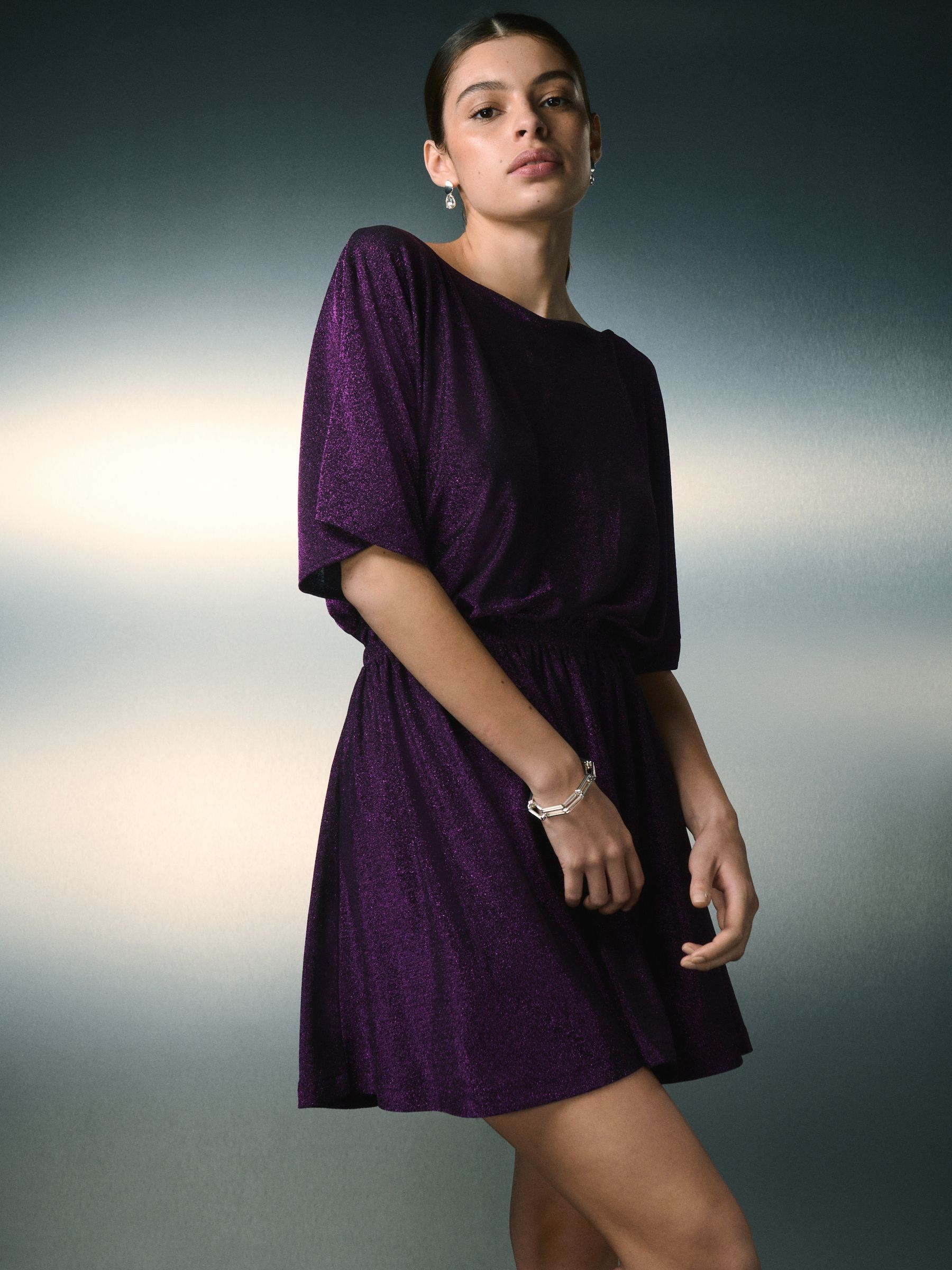 Fuchsia-roze - Flutter Sleeve Sparkle Mini Dress