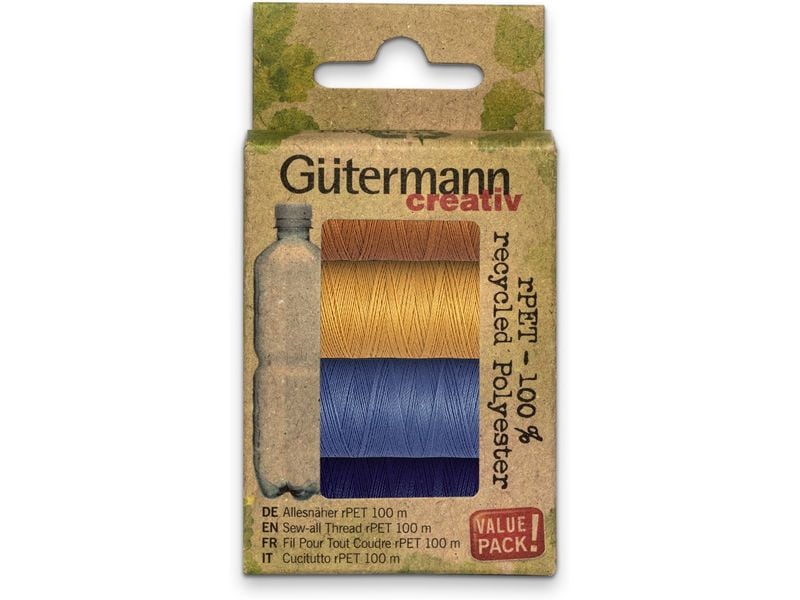 Gütermann Nähgarn-Set Allesnäher rPET Jeansauswahl 4 Stück, Nähfaden-Set für jede Naht