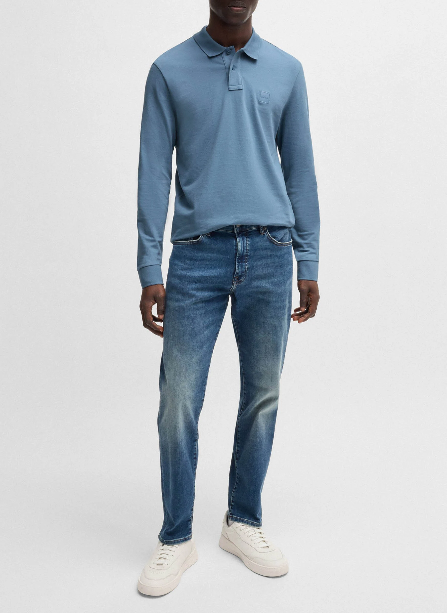 Polo à manches longues regular-fit en coton mélangé | Bleu