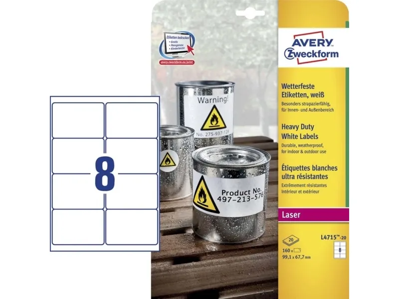 Etiketter Avery 99,1x67,7 mm hvid, permanent - (20 ark x 8 stk.)