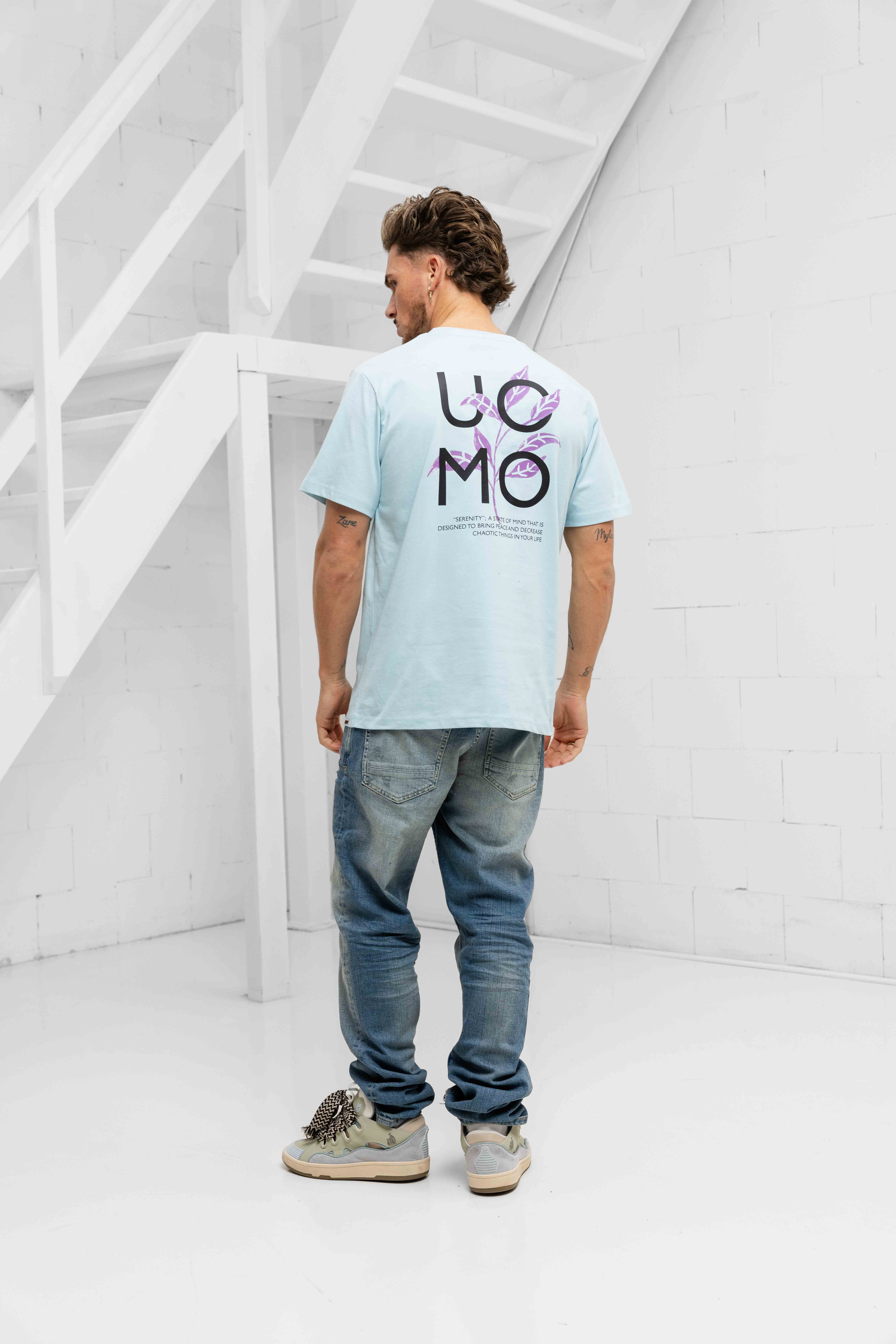 24 Uomo Floral T-shirt Heren Lichtblauw