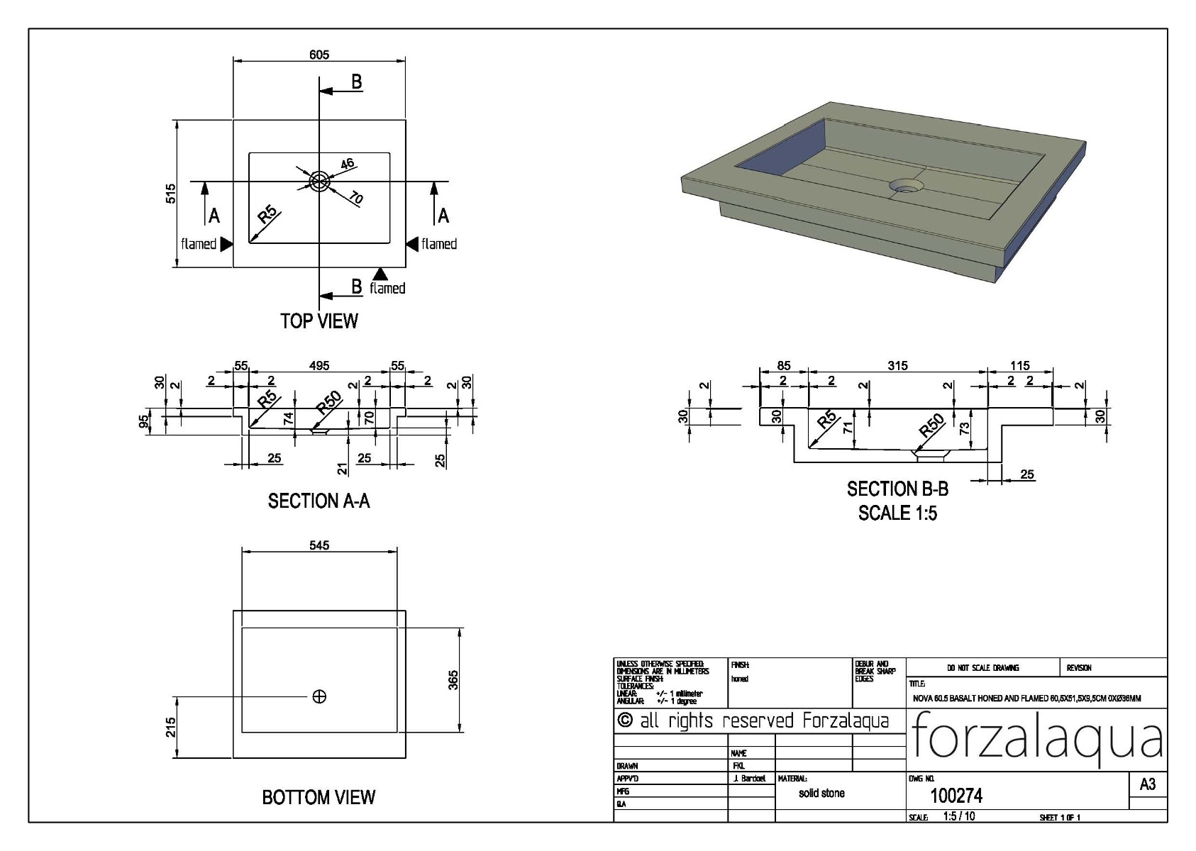 Forzalaqua Nova wastafel 60x50cm zonder kraangat carrara gepolijst