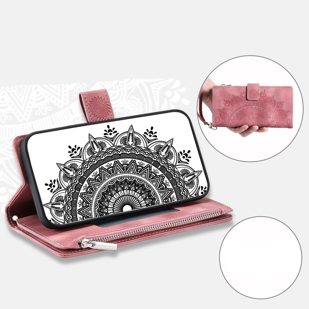 iPhone 15 Leder Tasche Flip Cover mit Reissverschluss - Mandala Flowers Imprint - Rosa