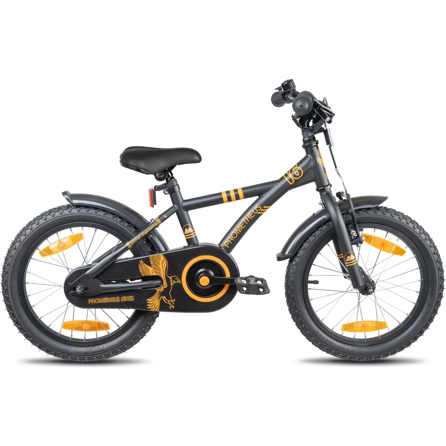 PROMETHEUS BICYCLES® Kinderfahrrad 16, Schwarz-Matt Orange mit Stützrädern