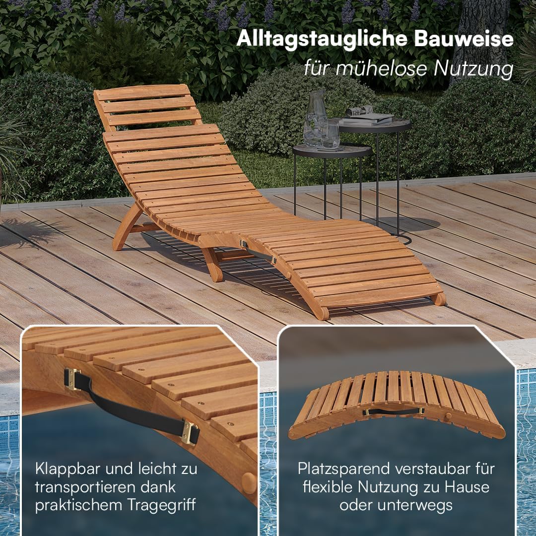 STEELSØN Gartenliege Ophira aus Holz, klappbare Sonnenliege, Holzliege wasserfest, Saunaliege mit Verstellbarer Kopfstütze, Akazienholz geölt, bis 200 kg belastbar