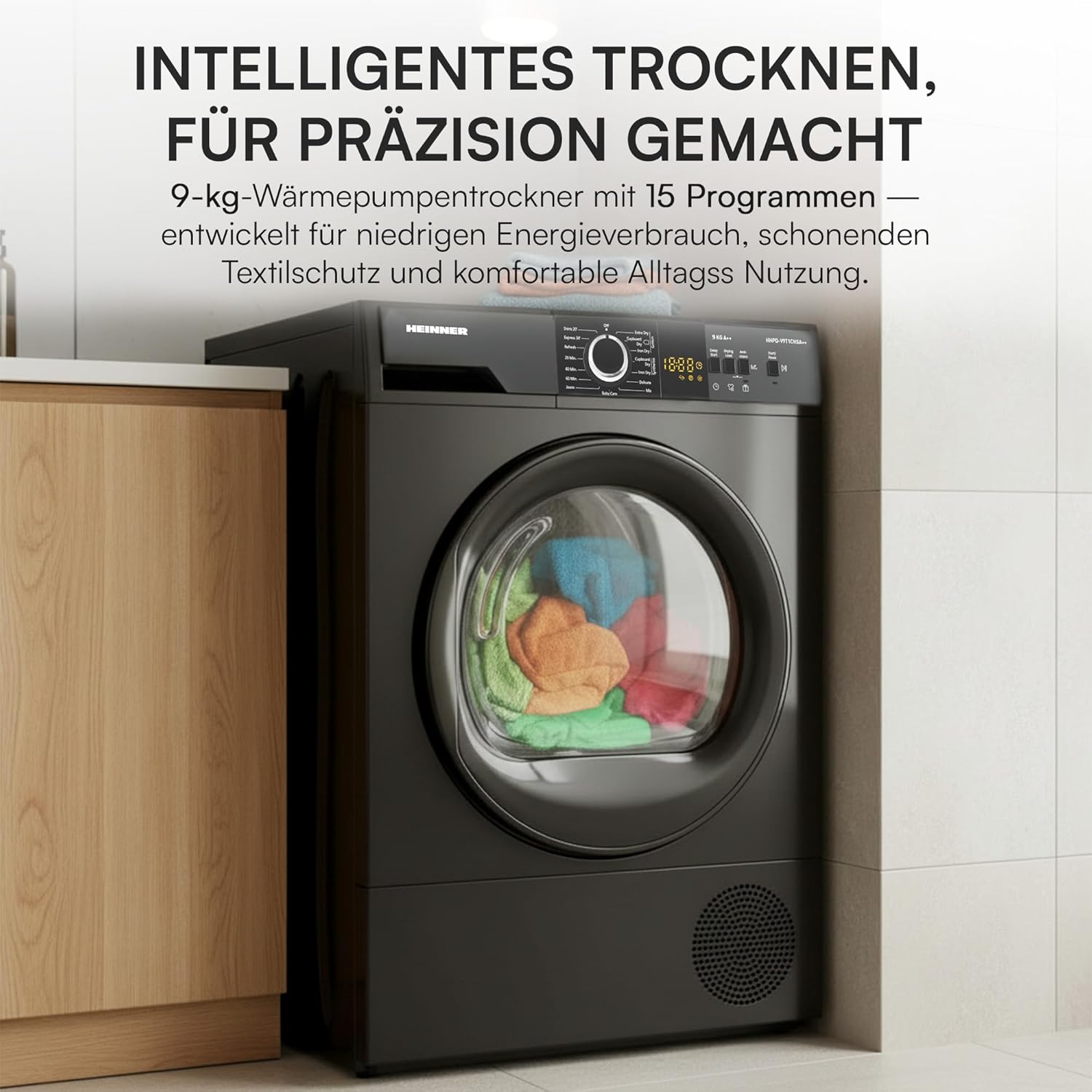 HHPD‑V9T1CHA++ – Warmtepompdroger 9kg, Energieklasse A++, 15 programma's, LED-display – Stil & energiezuinig – 5 jaar garantie (Anthrazit, 9 KG)