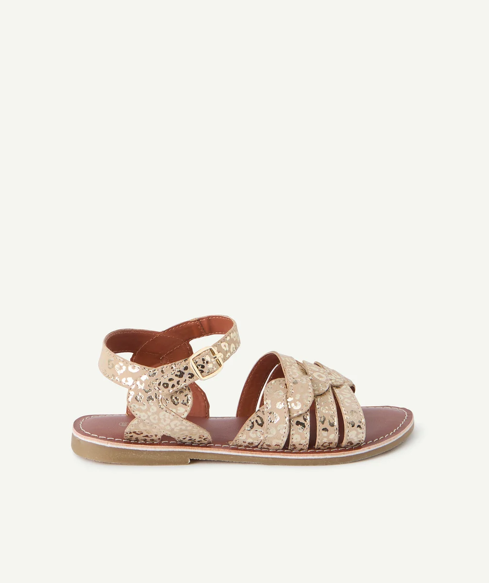 sandales fille en cuir beige et imprimée léopard couleur dorée