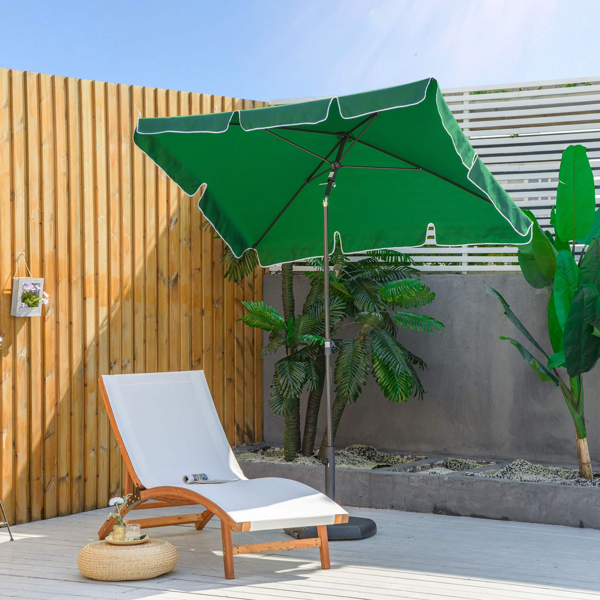 Guarda-sol de jardim retangular Outsunny em alumínio, 198x130x245 cm, com função de inclinação, ideal para terraços, pátios e áreas externas na cor verde.